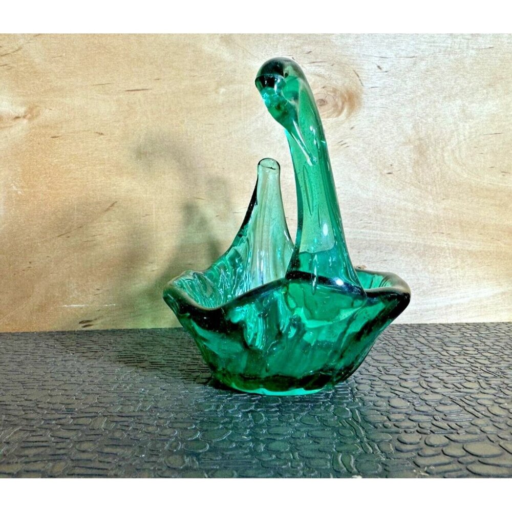 Vintage Green Glass Hand Blown Swan, Candy Dish